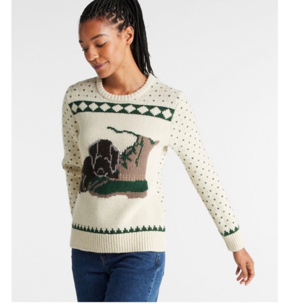 NWT LL Bean Puppy Intarsia Wool Sweater, Size S